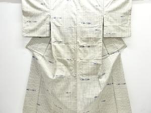 アンティーク　縞に矢羽根模様織出し手織り紬着物